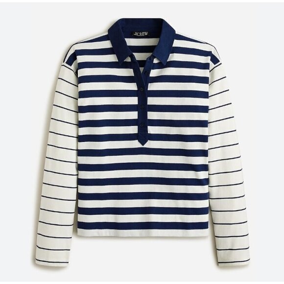 New J.Crew Women's Size L Long-sleeve polo shirt in stripe Navy/Cream SU23 - Picture 1 of 12